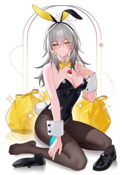 1girl alternate_costume animal_ears bechu black_leotard black_pantyhose black_shoes breasts cleavage commentary commentary_request english_commentary fake_animal_ears fake_tail grey_hair highres honkai:_star_rail honkai_(series) leotard long_hair medium_breasts mixed-language_commentary pantyhose playboy_bunny rabbit_ears rabbit_tail shoes sitting solo stelle_(honkai:_star_rail) tail trailblazer_(honkai:_star_rail) trash_bag unworn_shoes wariza wrist_cuffs yellow_eyes