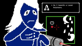1boy aiming artist_request battle crescent_moon deltarune dialogue_box english_text frown heart kris_(deltarune) laser laser_pointer laser_pointer_projection moon non-web_source old_english_text rouxls_kaard scene_reference solo source_request utdr_(toby_fox) water_drop weather