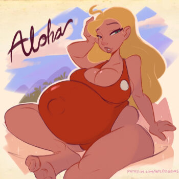 Rule 34 | 1girl, bare shoulders, beach, belly, big belly, blonde hair, breasts, cleavage, commentary, dark-skinned female, dark skin, english commentary, english text, hand on own head, lifeguard, lifeguard (lilo &amp; stitch), lilo &amp; stitch, looking at viewer, navel, one-piece swimsuit, open mouth, outie navel, pregnant, red one-piece swimsuit, solo, swimsuit, teeth, watermark, web address, wildegems