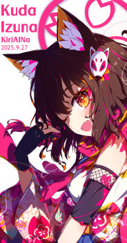 1girl ;d absurdres animal_ear_fluff animal_ears black_gloves blue_archive blush brown_hair eyeshadow fang fox_ears fox_girl gloves hair_between_eyes hair_ornament halo highres izuna_(blue_archive) kiriaina looking_at_viewer makeup medium_hair one_eye_closed open_mouth partially_fingerless_gloves pink_eyeshadow pink_halo pink_scarf scarf school_uniform simple_background skin_fang smile solo white_background yellow_eyes