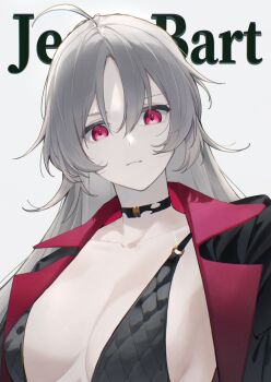 1girl absurdres ahoge azur_lane black_choker black_jacket breasts character_name choker cleavage collarbone commentary english_commentary grey_hair hatski.sin highres jacket jean_bart_(azur_lane) long_hair looking_at_viewer medium_breasts o-ring red_eyes solo torn_choker torn_clothes upper_body