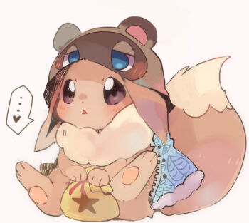 ... animal_crossing blush brown_eyes commentary_request cosplay eevee full_body gen_1_pokemon money nintendo no_humans pokemon pokemon_(creature) simple_background sitting solo spoken_ellipsis tom_nook_(animal_crossing) tom_nook_(animal_crossing)_(cosplay) triangle_mouth white_background yupo_0322