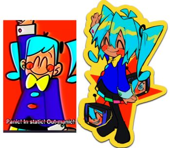 Rule 34 | 1girl, ^ ^, antenna hair, arm up, black pantyhose, black skirt, blue eyes, blue hair, blue shirt, bow, bowtie, buttons, closed eyes, closed mouth, commentary, crt, dark-skinned female, dark skin, deformed, english commentary, grin, hair between eyes, hatsune miku, long hair, pantyhose, rainbow trim, reference inset, sainttufa, shirt, skirt, smile, static (vocaloid), twintails, vocaloid, yellow bow, yellow bowtie