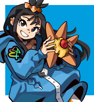 1girl black_hair blue_background blue_hoodie cube_hair_ornament earclip gen_1_pokemon grey_eyes grin hair_ornament highres holding holding_pokemon hood hood_down hoodie lida_(pokemon) long_hair long_sleeves looking_at_viewer nintendo notus_49 outside_border pokemon pokemon_(creature) pokemon_legends:_z-a simple_background smile standing staryu topknot upper_body wispy_bangs