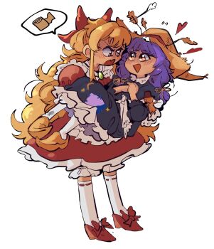 2girls angry apron black_dress blonde_hair blush bow brooch brown_footwear carrying commentary doll dress elise_(little_goody_two_shoes) english_commentary footwear_bow frilled_skirt frills full_body hair_bow hat heart highres jewelry kinzaibatsu91 little_goody_two_shoes long_hair long_sleeves looking_at_another maid_apron multiple_girls orange_eyes own_hands_together patchwork_clothes princess_carry puff_of_air purple_hair red_bow red_dress red_footwear ribbon-trimmed_socks ribbon_trim rozenmarine_(little_goody_two_shoes) shoes simple_background skirt socks speech_bubble straw_hat triangle_mouth very_long_hair white_apron white_background white_socks witch_hat yellow_eyes yuri