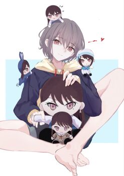 Rule 34 | 1girl, 23 degree01, bang dream!, bang dream! it's mygo!!!!!, barefoot, blue hoodie, brown eyes, character doll, closed mouth, commentary request, doll, grey hair, grey shorts, highres, hood, hood down, hoodie, shiina taki, short hair, shorts, takamatsu tomori