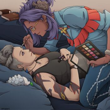2girls androgynous applying_another&#039;s_makeup applying_makeup arm_tattoo asymmetrical_hair bed black_tank_top blue_pants blue_shirt book dark-skinned_female dark_skin gen_8_pokemon glasses grey_hair hair_ornament highres indoors itsraijet jetsam_(itsraijet) jewelry multiple_girls necklace nintendo original pants pillow pokemon pokemon_(creature) pokemon_sv purple_eyes purple_hair raifort_(pokemon) shirt short_hair sidecut snom tank_top tattoo undercut watch wristwatch yuri