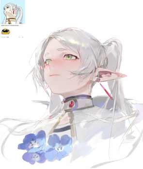 Rule 34 | 1girl, absurdres, black shirt, blue flower, blush, capelet, chinese commentary, closed mouth, commentary request, cropped torso, earrings, elf, flower, frieren, green eyes, highres, jewelry, long hair, long pointy ears, looking to the side, meme, multicolored shirt, pointy ears, qingfeng canying, reference inset, request inset, screenshot inset, shirt, simple background, solo, sousou no frieren, striped clothes, striped shirt, twintails, two-tone shirt, upward angle frieren drawing (meme), white background, white capelet, white hair, white shirt