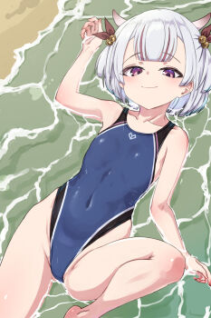 1girl beach blue_one-piece_swimsuit commentary_request competition_swimsuit covered_navel cowboy_shot flat_chest grey_hair highleg highleg_one-piece_swimsuit highres horns indie_virtual_youtuber lying one-piece_swimsuit purple_eyes short_hair smile solo swimsuit virtual_youtuber water waves yotsutsuji_akira zafuri_(yzrnegy)