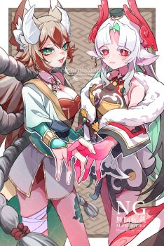 2girls absurdres animal_ear_fluff animal_ears bare_shoulders black_dress border breasts bright_pupils brown_background brown_hair cleavage colored_extremities commentary commission cowboy_shot double-parted_bangs dress english_commentary fur-trimmed_kimono fur_trim green_eyes green_kimono highres holding_hands horns japanese_clothes kimono large_breasts long_hair looking_at_viewer multiple_girls open_mouth original outside_border parted_bangs red_eyes red_shirt shirt short_hair short_kimono skeb_commission skirt smile watermark white_border white_hair white_kimono white_pupils white_skirt xxcaaan