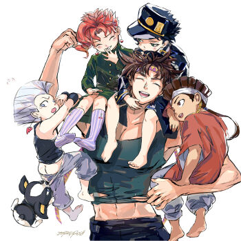 5boys ass black_hair blue_eyes brown_eyes brown_hair dog earrings closed_eyes iggy_(jojo) jean_pierre_polnareff jewelry jojo_no_kimyou_na_bouken joseph_joestar joseph_joestar_(young) kakyoin_noriaki kuujou_joutarou laughing male_focus mohammed_avdol multiple_boys muscular open_mouth pants shirt silver_hair simple_background sleeveless sleeveless_shirt smile stardust_crusaders tearing_up white_background aged_down zzyzzyy