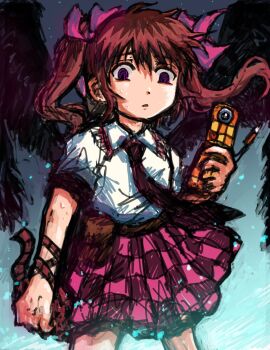 Rule 34 | 1girl, black skirt, brown hair, checkered clothes, checkered skirt, commentary request, dade ne, highres, himekaidou hatate, necktie, one-hour drawing challenge, purple eyes, purple skirt, short sleeves, short twintails, skirt, solo, touhou, twintails, two-tone skirt