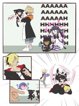 2girls 3boys ? angry animal_hood backpack bag baseball_cap belt bito_daisukenojo black_coat blonde_hair blue_eyes carrying cat cat_boy cat_girl cat_hood chibi coat comic dark-skinned_male dark_skin english_text eyebrows face_mask fake_tail fingerless_gloves glasses gloves hair_over_one_eye hat headphones heart holding holding_megaphone hood hoodie kanade_rindo mask megaphone minamimoto_sho mouth_mask multiple_boys multiple_girls nyantan orange_hoodie oven_mitts pig pointing purple_hair round_eyewear sakurane_shoka scratches sharp_nails shin_subarashiki_kono_sekai shirt spoken_question_mark striped_legwear stuffed_animal stuffed_cat stuffed_toy subarashiki_kono_sekai sweat tail usui_nagi white_shirt yellow_eyes