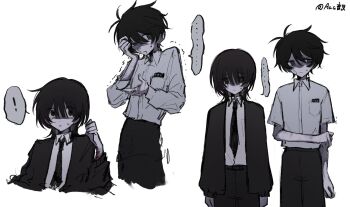 ! ... 2boys aged_down akinashi_haru bandaid bandaid_on_face black_hair black_jacket black_necktie bruise commentary_request cowboy_shot guzi15613491 highres injury jacket male_focus multiple_boys multiple_views necktie polo_shirt red_eyes saihate_eki scared shared_speech_bubble short_hair simple_background speech_bubble spoken_ellipsis spoken_exclamation_mark sweat tatsunami_shion trembling vomit vomit_on_hand white_background wrist_cutting