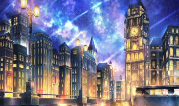 absurdres building city city_lights clock clock_tower commentary_request highres lamppost mere_(mere88510880) milky_way night no_humans original outdoors railing scenery shadow sky star_(sky) starry_sky tower
