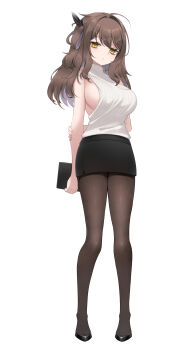 1girl absurdres arm_at_side arms_behind_back bare_shoulders black_pantyhose black_skirt breasts brown_hair commentary_request full_body hand_on_own_arm highres large_breasts long_hair looking_at_viewer original pantyhose sideboob simple_background skirt solo standing umou_(may65879) white_background yellow_eyes
