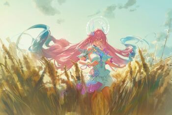 1girl aqua_hair bare_shoulders blue_sky breasts chinese_commentary commentary_request cyrene_(honkai:_star_rail) cyrene_(ripples_of_past_reverie)_(honkai:_star_rail) dress halo highres honkai:_star_rail honkai_(series) large_breasts long_hair miaooon multicolored_hair outdoors pink_hair sky solo tears two-tone_hair very_long_hair wheat wheat_field white_dress