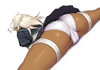 1girl alternate_costume arc_system_works ass ass_focus colorized dark-skinned_female dark_skin dr.p dutch_angle flexible from_behind guilty_gear guilty_gear_xrd looking_at_viewer looking_back lying medium_hair on_stomach panties ramlethal_valentine school_uniform serafuku simple_background sitting_split skirt solo split thigh_strap underwear upskirt white_background
