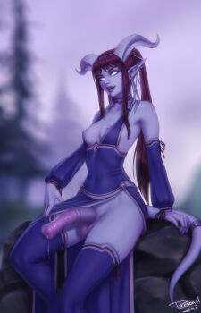 1futa animal_penis blue_choker blue_dress blue_skin blue_thighhighs breasts breasts_out choker clothing_aside colored_skin detached_sleeves draenei dress erection futanari highres horns horse_penis long_sleeves looking_at_viewer medium_breasts monster_girl outdoors parted_lips pelvic_curtain pelvic_curtain_aside penis personal_ami pine_tree pointy_ears ponytail precum red_hair signature sitting sleeve_ribbon smile solo tail tail_ornament tail_ring tentacles testicles thighhighs tree uncensored warcraft white_eyes world_of_warcraft