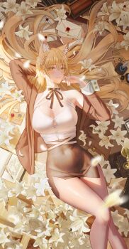 Rule 34 | 1girl, absurdres, animal ear fluff, animal ears, arms up, black jacket, black skirt, blonde hair, braid, breasts, closed mouth, commentary request, earrings, feathers, green eyes, highres, jacket, jewelry, large breasts, letter, long hair, long sleeves, neck ribbon, off shoulder, open clothes, open jacket, original, pencil skirt, petals, raidriar 18, ribbon, shirt, skirt, sleeveless, sleeveless shirt, smile, white shirt