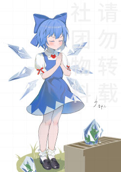1girl absurdres bare_arms bare_legs blue_bow blue_dress blue_hair blush bow bowtie box brown_shoes cirno closed_eyes collared_shirt commentary_request dated detached_wings donation_box dress frog full_body hair_bow highres ice ice_wings imaginebeaker loafers mixed-language_commentary multiple_wings own_hands_together palms_together pinafore_dress praying red_bow red_bowtie shirt shoes short_hair short_sleeves sleeveless sleeveless_dress smile socks solo touhou translation_request watermark white_socks wings you&#039;re_doing_it_wrong