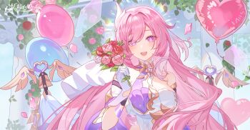 1girl abby_riddle absurdres artist_request balloon bare_shoulders breasts check_artist check_source chinese_commentary cleavage commentary_request diamond-shaped_pupils diamond_(shape) elysia_(herrscher_of_human:_ego)_(honkai_impact) elysia_(honkai_impact) floating_drapes flower gloves hair_ornament heart_balloon highres holding holding_flower honkai_(series) honkai_impact_3rd large_breasts long_hair looking_at_viewer open_mouth pink_hair purple_eyes second-party_source smile solo source_request symbol-shaped_pupils upper_body very_long_hair white_gloves