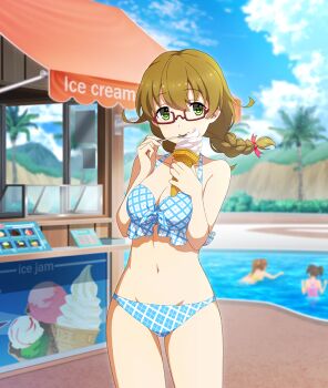 3girls bikini blue_bikini blue_sky bow braid braided_ponytail breasts brown_hair cleavage cloud collarbone cowboy_shot day diamond_print dot_nose eating english_text food_stand game_cg glasses green_eyes groin hair_bow hamazuka_sakura hands_up holding holding_ice_cream_cone holding_spoon ice_cream_cone ice_cream_stand large_breasts looking_at_viewer low_ponytail medium_hair multiple_girls navel official_art one-piece_swimsuit palm_tree partially_submerged pink_bow pink_one-piece_swimsuit ponytail pool poolside print_bikini rectangular_eyewear red-framed_eyewear semi-rimless_eyewear short_twintails sky solo_focus spoon swimsuit third-party_source toji_no_miko toji_no_miko:_kizamishi_issen_no_tomoshibi tree twintails under-rim_eyewear utensil_in_mouth yellow_bikini