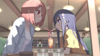 1boy 3girls age_difference artist_name black_hair blue_hair blush breasts brown_hair commentary_request crazy_straw cup drink drinking drinking_glass drinking_straw eye_contact faceless faceless_female flower flying_sweatdrops grey_jacket hair_between_eyes hair_flower hair_ornament heart_straw hood hood_down hoodie hoshino_miyako_(wataten) indoors jacket long_hair looking_at_another medium_breasts multiple_girls onee-loli open_clothes open_jacket pink_flower ponytail purple_eyes red_eyes shared_drink shirosaki_hana shirt short_sleeves signature sweat table umiroku very_long_hair watashi_ni_tenshi_ga_maiorita! white_shirt yellow_hoodie