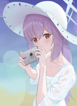 1girl atsuko_(blue_archive) atsuko_(swimsuit)_(blue_archive) bikini blue_archive blush breasts collarbone commentary_request hair_between_eyes halo hat highres jacket kuronagasu_ir long_hair official_alternate_costume purple_hair red_eyes see-through_clothes see-through_jacket small_breasts solo sun_hat swimsuit white_bikini white_halo white_hat white_jacket