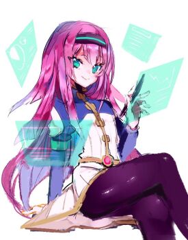 Rule 34 | 1girl, black pants, blue eyes, coccofyze, inazuma eleven go, inazuma eleven go chrono stone, invisible chair, looking at viewer, meia (inazuma eleven), pants, penis grab, simple background, sitting, solo, twitter, white background