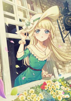 Rule 34 | 1girl, absurdres, against window, aqua dress, belt, blonde hair, blue eyes, blunt bangs, brown belt, collarbone, commentary, dress, english text, eyelashes, facing viewer, flat chest, floating hair, flower, hand up, hat, hat flower, highres, jewelry, long hair, looking up, necklace, nekoyashiki yuki, open mouth, open window, precure, rice rabbit22, scrunchie, solo, straight hair, three-quarter sleeves, watermark, white hat, white scrunchie, wind, window, wonderful precure!, wrist scrunchie