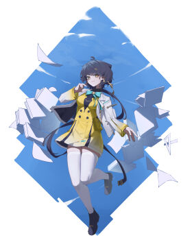 1girl absurdres black_hair black_shoes breasts chinese_commentary commentary_request dress earrings female_rover_(wuthering_waves) hair_ornament hairclip highres jacket jewelry long_hair long_sleeves medium_breasts official_alternate_costume parallel_hairclips ribbon rover_(wuthering_waves) shoes solo thighhighs thighs triangle_earrings white_jacket white_thighhighs wuthering_waves xue_jian_ying yellow_dress yellow_eyes yellow_ribbon