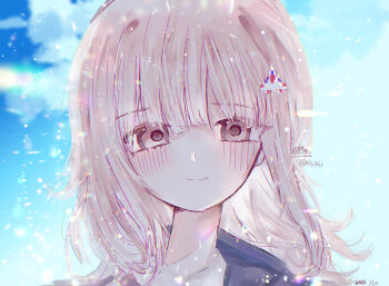 Rule 34 | 1girl, alternate hairstyle, artist name, black jacket, blunt bangs, blush, cloud, commentary request, danganronpa (series), danganronpa 2: goodbye despair, day, hair ornament, highres, hood, hood down, jacket, long hair, mei pei, nanami chiaki, outdoors, pink eyes, smile, solo, translation request