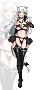 1girl absurdres animal_ears black_bow black_choker black_gloves black_panties black_skirt black_thighhighs blue_eyes bow breasts cat_ears cat_girl cat_tail choker commentary commission cross cross_pasties elbow_gloves english_commentary freckles frilled_choker frills full_body garter_belt gloves groin hand_up highleg highleg_panties highres large_breasts leiden_yaegore long_hair looking_at_viewer microskirt midriff navel no_shoes original panties parted_bangs pasties skirt smile solo_focus tail tail_bow tail_ornament thighhighs underwear white_background white_hair zoom_layer