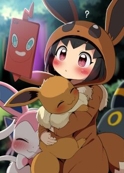 1girl ? black_hair blush cosplay dagasi eevee gen_1_pokemon gen_2_pokemon gen_4_pokemon gen_6_pokemon highres holding nintendo poke_kid_(pokemon) pokemon pokemon_(creature) pokemon_swsh rotom rotom_phone sylveon umbreon