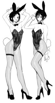 2boys 2n5 androgynous animal_ears bare_shoulders black_bow black_leotard bow detached_collar fake_animal_ears full_body greyscale high_heels highres leotard male_focus male_playboy_bunny monochrome multiple_boys original pantyhose rabbit_ears short_hair simple_background strapless strapless_leotard trap white_background wrist_cuffs