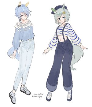 Rule 34 | 2girls, animal ears, blue eyes, blue hair, blue pants, blue shirt, blush, breasts, closed mouth, collarbone, commentary request, cropped torso, ear covers, flower, full body, grey hair, hair between eyes, hair flower, hair ornament, hairclip, hat, highres, horse ears, horse girl, horse tail, k.s.miracle (umamusume), long sleeves, looking at viewer, multiple girls, open mouth, pants, saramiao-chan, seiun sky (umamusume), shirt, shoes, short hair, simple background, single ear cover, small breasts, smile, striped clothes, striped shirt, sunflower, sunflower hair ornament, suspenders, tail, umamusume, white background, white shirt