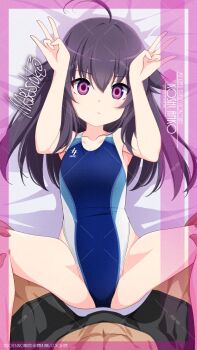 1boy 1girl adversarial_noise ahoge artist_name black_hair blue_one-piece_swimsuit character_name competition_swimsuit cowboy_shot double_w empty_eyes from_above hair_flaps highleg highleg_one-piece_swimsuit highres imminent_penetration inaba_shiki koshi_anko_(shikanoko) long_hair looking_at_viewer lying multicolored_swimsuit one-piece_swimsuit purple_eyes shikanoko_nokonoko_koshitantan solo spread_legs swimsuit w watermark watermark_grid