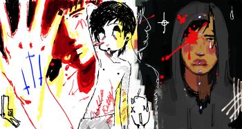 1boy arm_behind_head black_hair blood blood_splatter carpwood cry_of_fear crying crying_with_eyes_open deadpan doodle_inset expressionless gouged_eye grey_hoodie gun handgun hood hood_up hoodie looking_at_viewer male_focus multiple_views no_shirt open_mouth rolling_eyes saturated scar scar_on_hand scar_on_stomach self-harm short_hair simon_henriksson spread_fingers tears weapon wrist_cutting