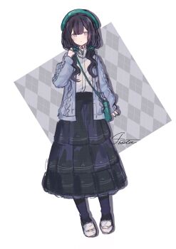 1girl absurdres airota alternate_costume artist_name bag black_hair black_skirt blue_cardigan cardigan full_body green_bag green_hat grey_eyes hat highres kurobe_nanoka long_hair long_skirt mahou_shoujo_no_majo_saiban open_cardigan open_clothes shirt shoulder_bag sidelocks signature simple_background skirt solo standing white_background white_shirt