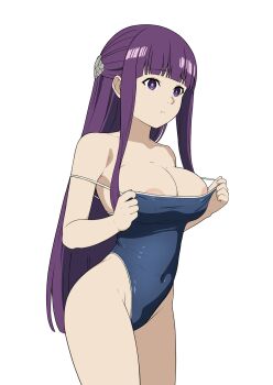 1girl absurdres areola_slip bare_arms bare_shoulders blue_one-piece_swimsuit breasts cleavage closed_mouth clothes_pull commentary competition_school_swimsuit coro_fae covered_navel cowboy_shot english_commentary expressionless fern_(sousou_no_frieren) hair_ornament highleg highleg_one-piece_swimsuit highres large_breasts legs_together long_hair one-piece_swimsuit one-piece_swimsuit_pull paid_reward_available purple_eyes purple_hair purple_pupils school_swimsuit simple_background solo sousou_no_frieren split_mouth standing swimsuit very_long_hair white_background