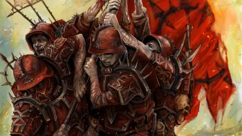 4boys armband armor artificial_eye bleeding blood blood_pact_(warhammer_40k) chaos_(warhammer) commentary english_commentary goggles helmet khorne_(symbol) knife mask mechanical_eye mouth_mask multiple_boys open_mouth pale_skin pauldrons raising_the_flag_on_iwo_jima red_armband red_armor red_flag red_helmet scar scar_on_face self-harm_scar severed_head shoulder_armor shoulder_spikes spiked_pauldrons spikes td-vice warhammer_40k yellow_eyes