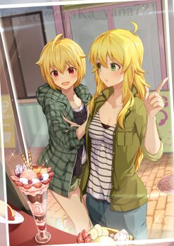 2girls ahoge blonde_hair blush breasts casual cherry cinnamon_stick cleavage collarbone day food fruit green_eyes green_jacket green_shorts hair_between_eyes hair_flaps hand_on_another's_arm hand_up highres hood hood_down hooded_jacket hoshii_miki ibuki_tsubasa ice_cream idolmaster idolmaster_(classic) idolmaster_million_live! index_finger_raised jacket long_hair long_sleeves looking_at_another looking_at_food multiple_girls open_clothes open_jacket open_mouth outdoors parfait pudding red_eyes shirt short_hair shorts smile standing strawberry strawberry_slice striped_clothes striped_shirt taka.yana twitter_username watermark
