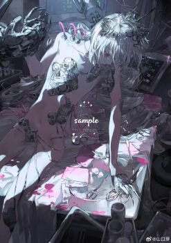 1girl absurdres android arm_support blood cable highres holding indoors joints long_hair mechanical_arms mechanical_hands navel needle nude operating_table original pink_blood red_eyes robot_joints sample_watermark scissors screwdriver shankouya sitting solid_circle_eyes solo table tears very_long_hair watermark weibo_username weibo_watermark white_hair