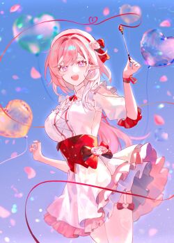 1girl balloon blue_sky breasts commentary diamond-shaped_pupils diamond_(shape) dress elf elysia_(hi_love_elf)_(honkai_impact) elysia_(honkai_impact) heart_balloon highres holding_ribbon_baton honkai_(series) honkai_impact_3rd large_breasts long_hair looking_at_viewer open_mouth pink_hair pointy_ears purple_eyes sky solo ssamsa0404 symbol-only_commentary symbol-shaped_pupils thighhighs very_long_hair white_dress white_thighhighs
