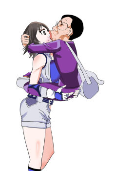 1boy 1girl belt black_hair blush breast_press brown_hair capcom glasses gloves holding hug kazama_asuka leg_lock legs looking_at_another marvel_super_heroes_vs._street_fighter marvel_vs._capcom namco norimaro short standing surprised tekken tekken_6 tomboy ugly_bastard