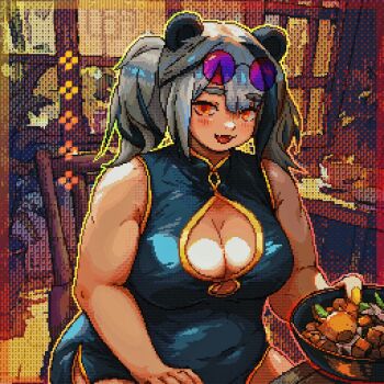 1girl animal_ears arknights bare_shoulders blue_dress blush border bowl breasts caffichai cleavage commentary dress english_commentary eyewear_on_head feater_(arknights) food grey_hair holding holding_bowl large_breasts looking_at_viewer open_mouth outside_border panda_ears panda_girl pixel_art red_border sleeveless solo thick_arms twintails upper_body