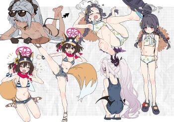 Rule 34 | 4girls, animal ear fluff, animal ears, armpits, bare arms, bare legs, bare shoulders, barefoot, bikini, black bikini, black bow, black hair, blue archive, blue bikini, blue one-piece swimsuit, blush, bow, braid, brown hair, closed eyes, commentary, crying, dark-skinned female, dark skin, demon girl, demon horns, demon tail, demon wings, denim, denim shorts, double fox shadow puppet, flat chest, forehead, fox ears, fox girl, fox shadow puppet, fox tail, from behind, grey hair, grey halo, hair between eyes, hair bow, hair over one eye, halo, high kick, highres, hina (blue archive), hina (swimsuit) (blue archive), horns, iori (blue archive), iori (swimsuit) (blue archive), izuna (blue archive), izuna (swimsuit) (blue archive), kicking, leaf print, long hair, low twin braids, miyu (blue archive), miyu (swimsuit) (blue archive), multiple girls, navel, official alternate costume, official alternate hairstyle, one-piece swimsuit, one side up, open clothes, open mouth, pink halo, pink scarf, pointy ears, ponytail, purple halo, red eyes, ryuuforkaf, sandals, scarf, short shorts, shorts, sitting, soles, squatting, stomach, striped bikini, striped clothes, swimsuit, tail, tears, twin braids, twintails, untied bikini, untranslatable commentary, wariza, wet, white bikini, wings
