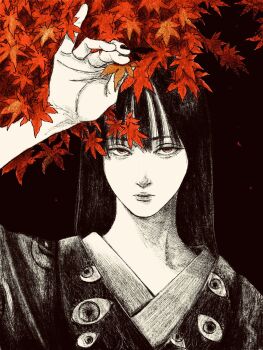 1girl black_background black_hair eye_print highres japanese_clothes kimono leaf long_hair looking_at_viewer maple_leaf monochrome original red_leaf solo spot_color straight-on tp_p_pt