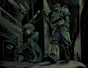 1boy 1girl android belgrade black_eyeliner building closed_mouth coat commentary commission dark english_commentary eyeliner from_below gloves glowing glowing_eye green_light green_theme gun hair_ornament hairclip handgun hiding highres holding holding_weapon industrial industrial_pipe makeup marie_(peripeteia) mechanical_arms mechanical_legs night outdoors peripeteia perspective red_eyes ryan_hamel second-party_source serious short_hair sideways_glance single_mechanical_arm single_mechanical_eye skull skyscraper squatting torn_clothes torn_coat trench_coat warden_(peripeteia) weapon weapon_request zombie